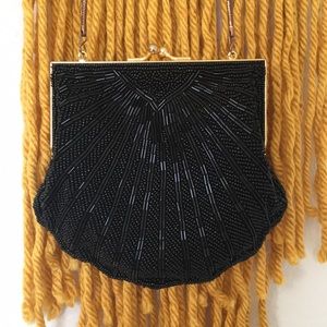 Vintage black beaded clutch purse with strap